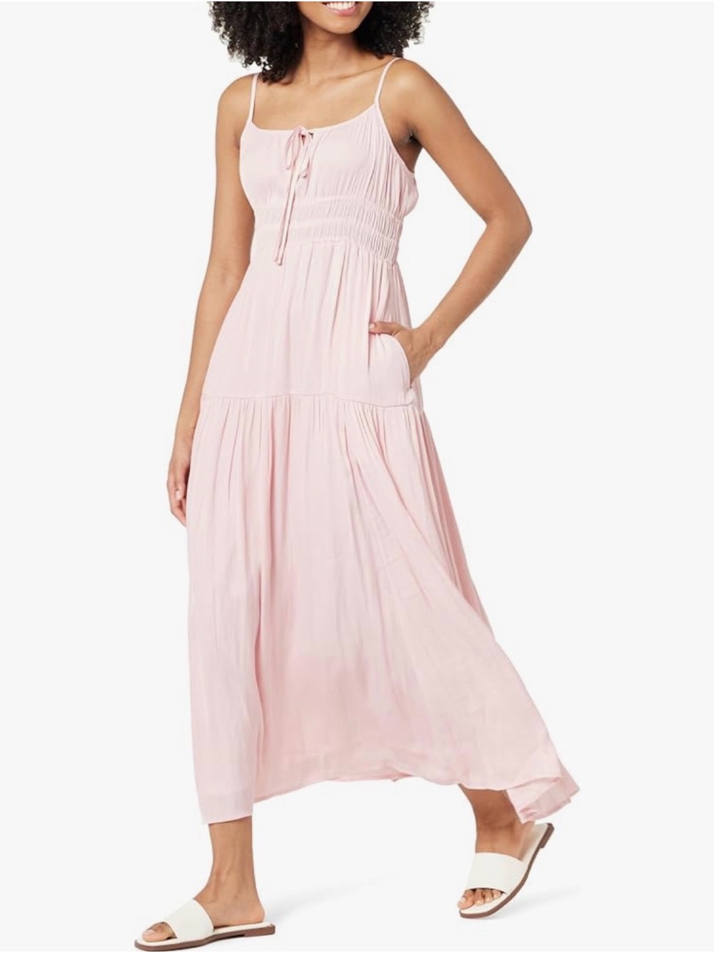 The Drop Tavia Tie-Front Tiered Maxi Dress — Blush Pink | M